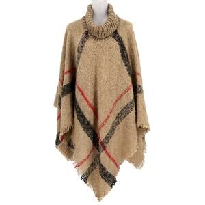 Zoe Madison Poncho Sweater Womens One Size Cape Beige Stripe Cowl Neck Fringe